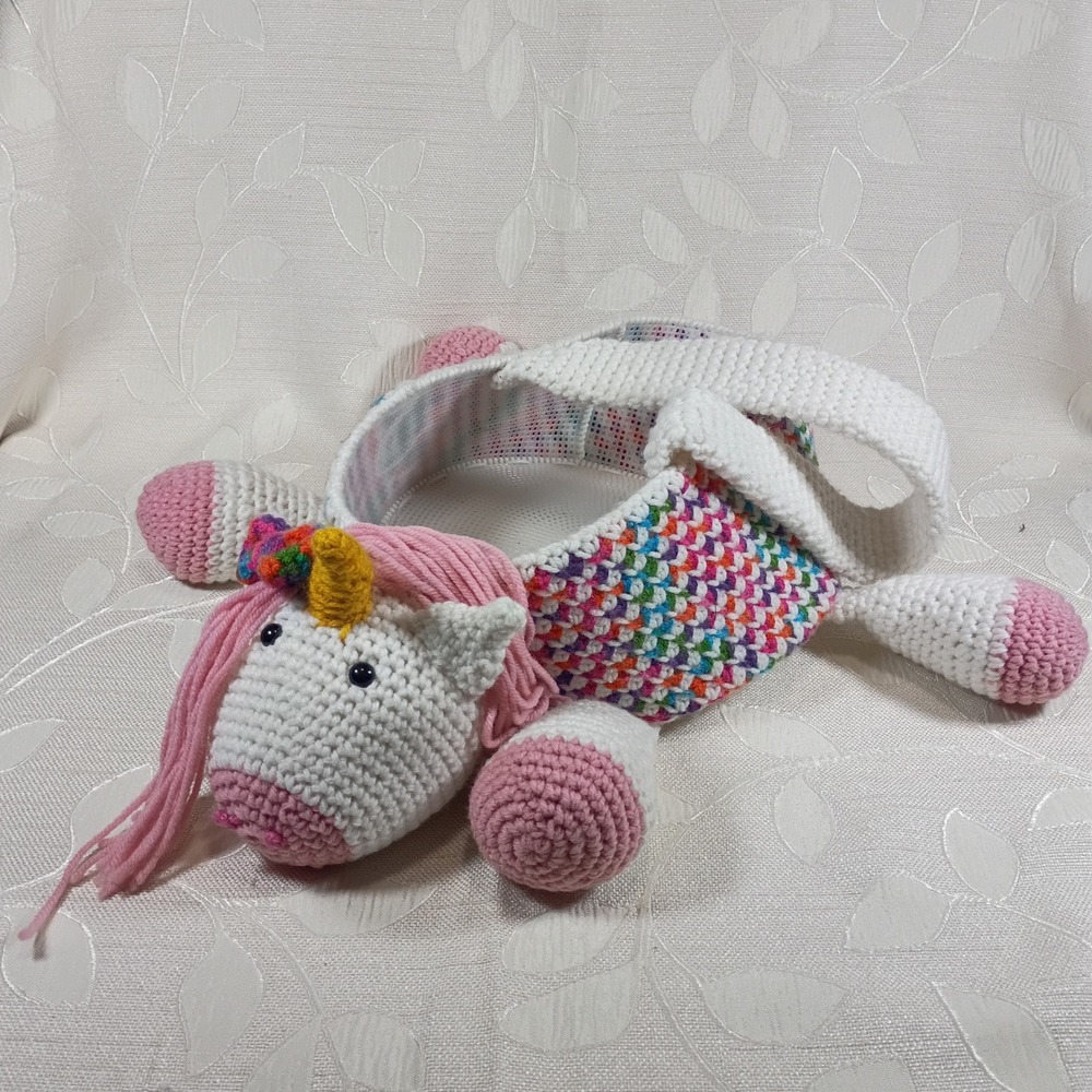 Vintage Handmade Crochet Unicorn Basket Rainbow Amigurumi Easter Bag White Pink